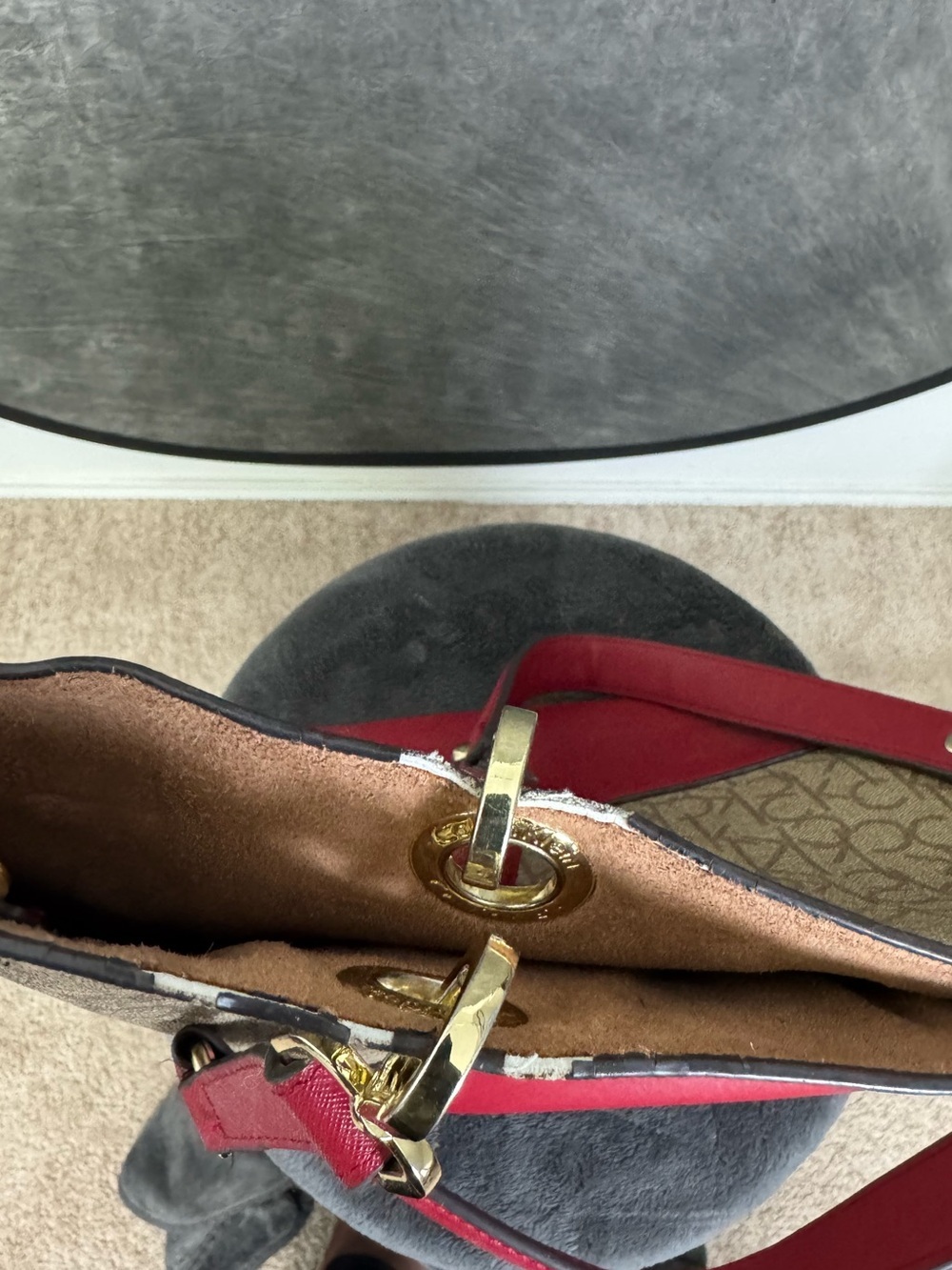 Calvin Klein Red Monogram Tote Bag Set | Large Tote & Matching Crossbody Purse - Picture 4 of 10